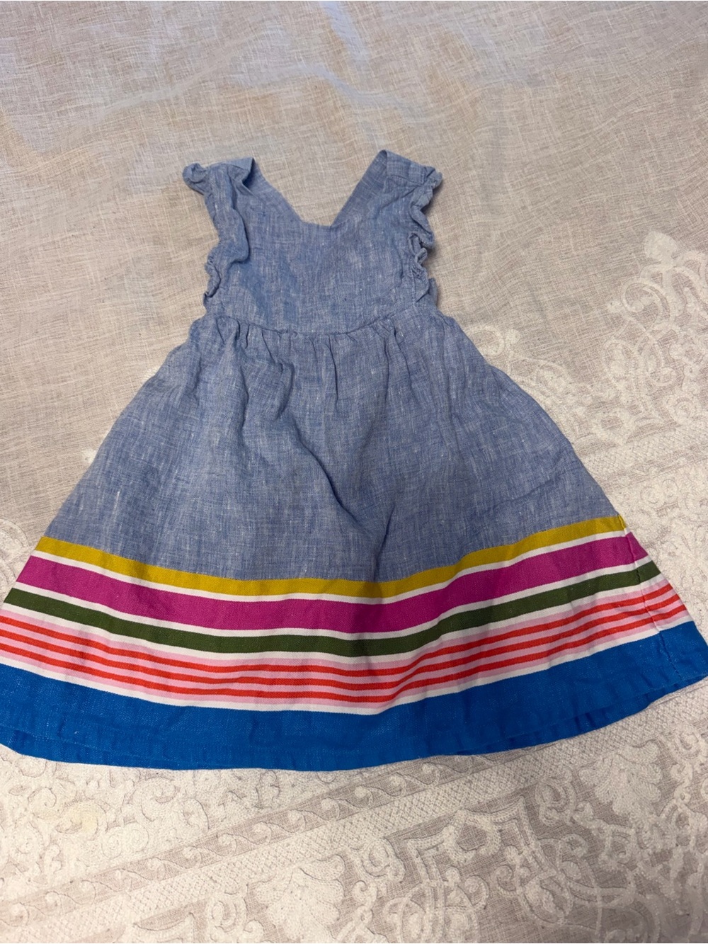 Mini Boden Blue Chambray Dress with Colorful Striped Hem
